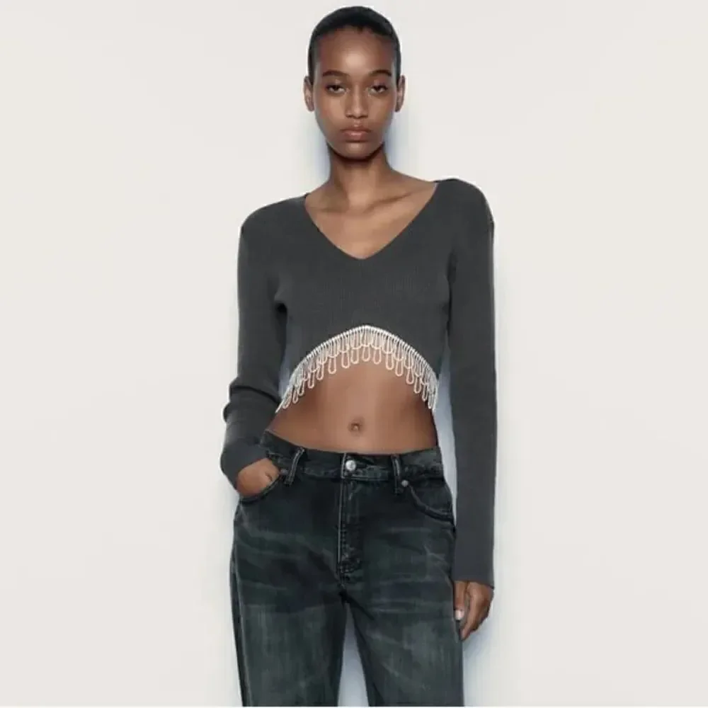 ZARA RHINESTONE SOFT CROP TOP